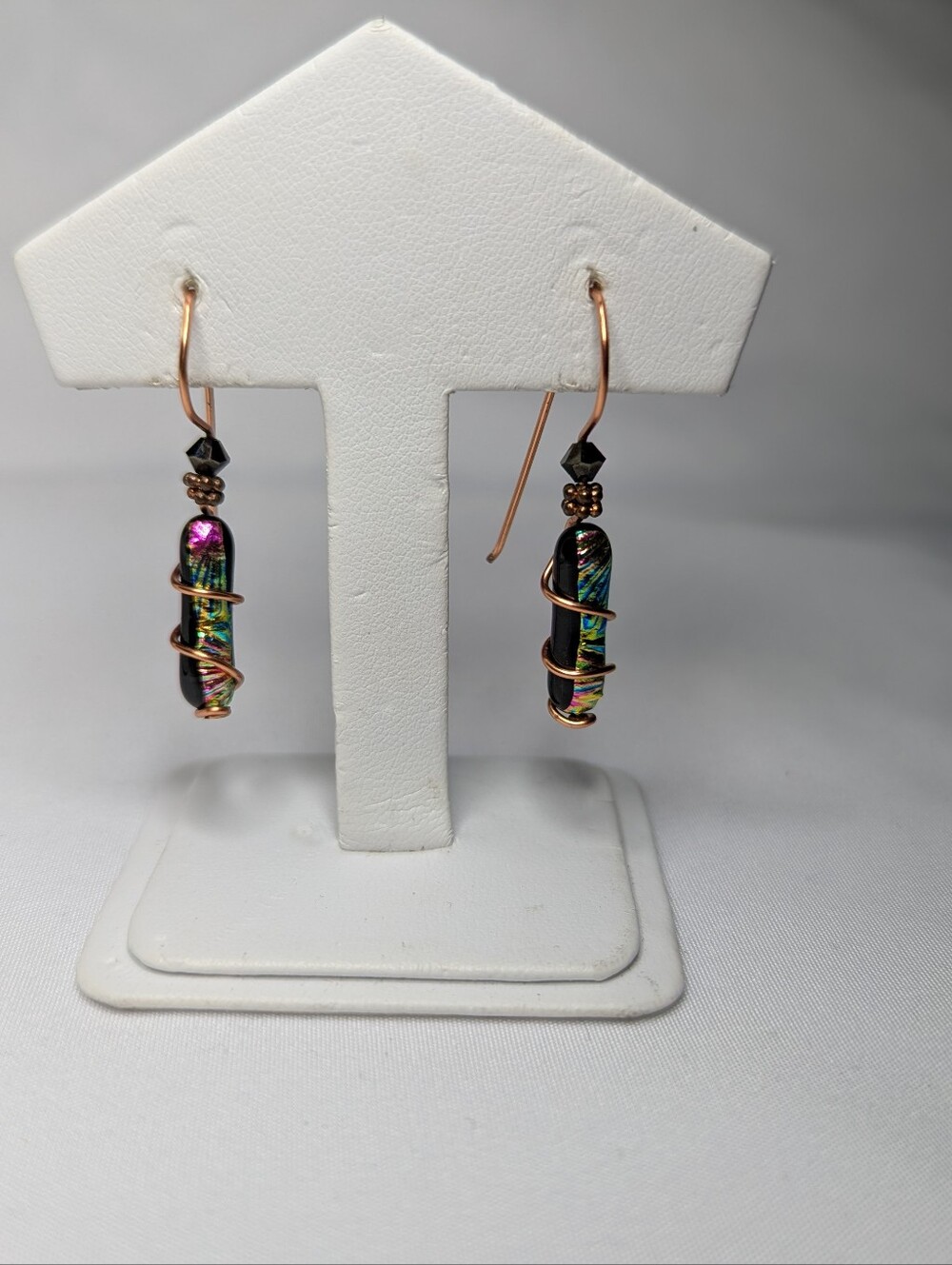 Multicolor Iridescent Glass Drop Earrings with Copper Wire